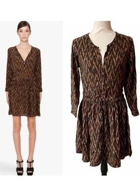Elizabeth & James Silk Shirt Dress Brown Abstract Belted Size 4